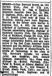 Arthur B. Brand Obituary 1968