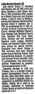 Julia Brand Obituary, 1994