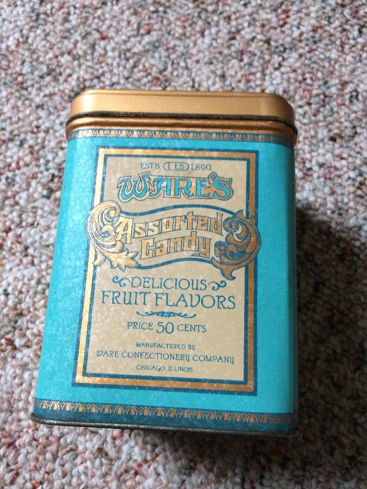 Made in USA Vintage "Ware's Assorted Candy" Advertising Canister Tin Storage 